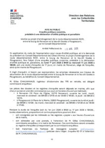 Enquête publique conjointe préalable à une déclaration d&rsquo;utilité publique et parcellaire relative au projet d’aménagement de la route départementale RD31 entre le bourg de Penvénan et le lieu-dit Goales à Plougrescant.