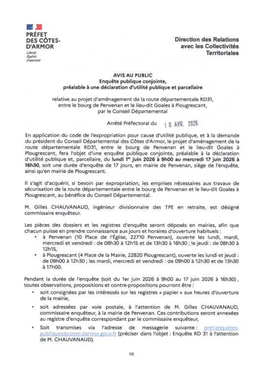 Enquête publique conjointe préalable à une déclaration d'utilité publique et parcellaire relative au projet d’aménagement de la route départementale RD31 entre le bourg de Penvénan et le lieu-dit Goales à Plougrescant.